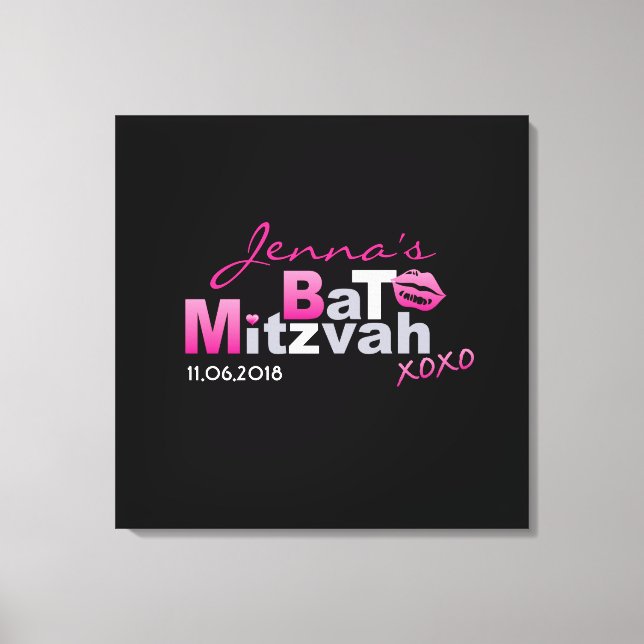 LOVE & KISSES Hot Pink Bat Mitzvah Sign-In Board Canvas Print (Front)