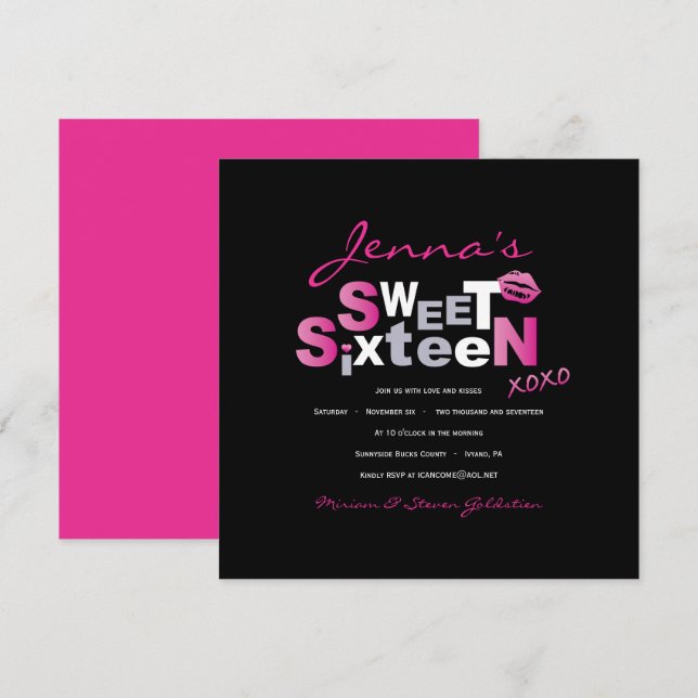 LOVE & KISSES HOT PINK Sweet Sixteen Invitation (Front/Back)