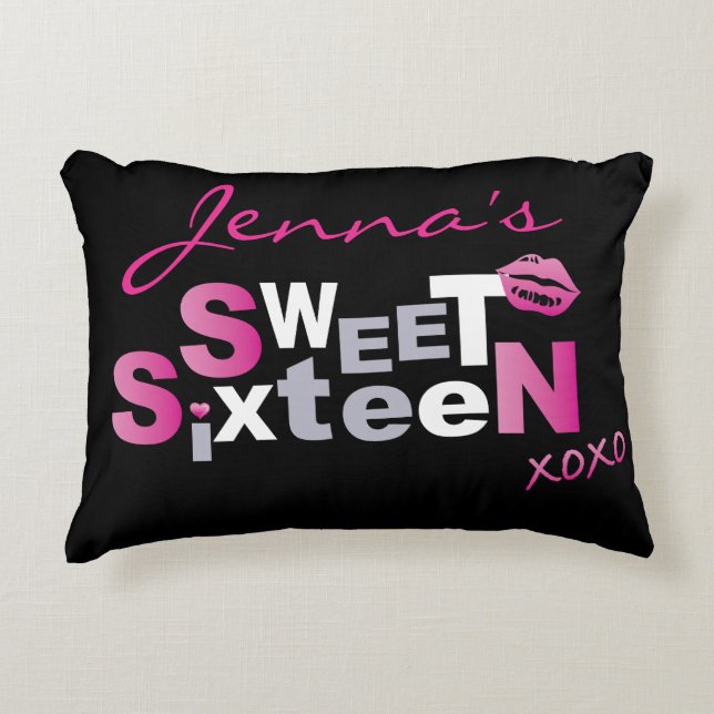 LOVE & KISSES HOT PINK Sweet Sixteen Invitation Decorative Cushion (Front)