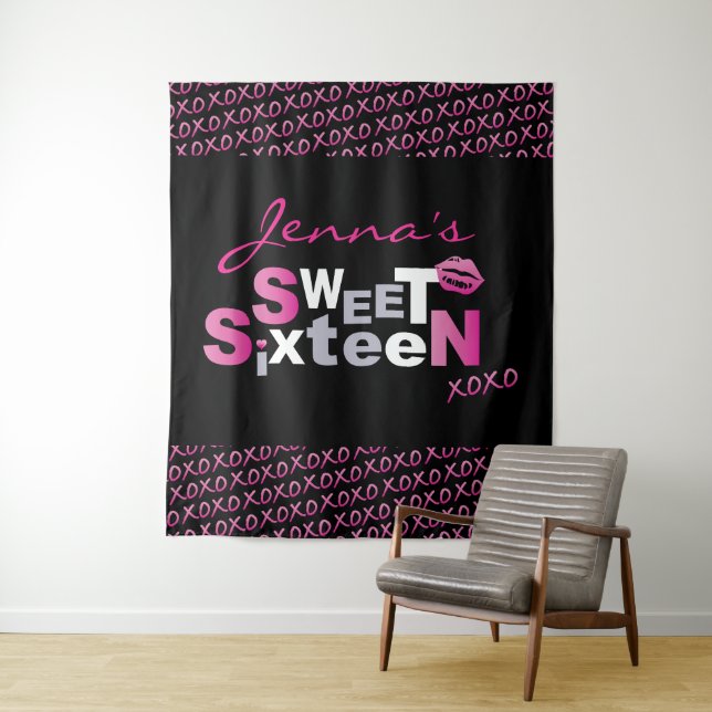 LOVE & KISSES PINK Sweet Sixteen Photo-Op Backdrop Tapestry (In Situ)