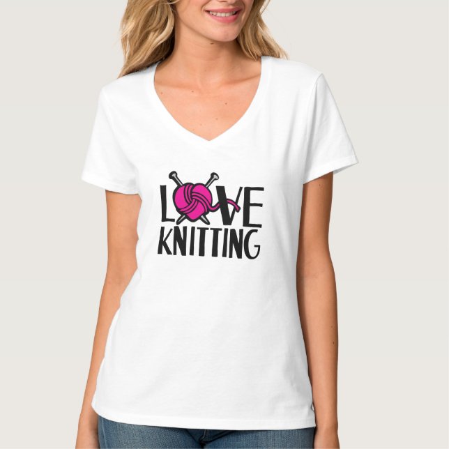 Love knitting pink black graphic slogan t-shirt (Front)