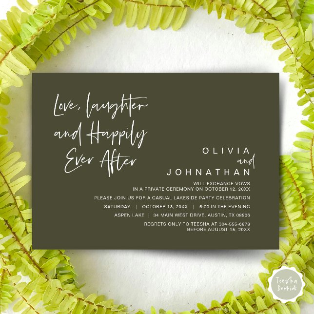 Love, Laughter and Happily ever after, Elopement I Invitation (Love, Laughter and Happily Ever After, Wedding Elopement Dinner Invitation Card, in Olive Green)