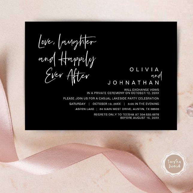 Love, Laughter and Happily ever after, Elopement I Invitation (Love, Laughter and Happily Ever After, Wedding Elopement Dinner Invitation Card, in Elegant Black)