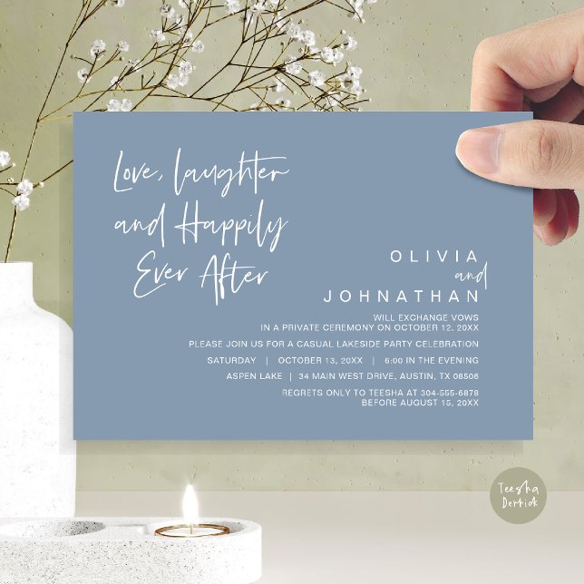 Love, Laughter and Happily ever after, Elopement I Invitation (Love, Laughter and Happily Ever After, Wedding Elopement Dinner Invitation Card, in Dusty Blue)