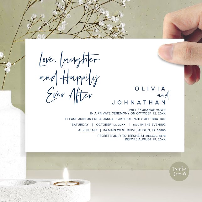 Love, Laughter and Happily ever after, Elopement I Invitation (Love, Laughter and Happily ever after, Modern Wedding Elopement Invitation Card, PDF, in Navy Blue)