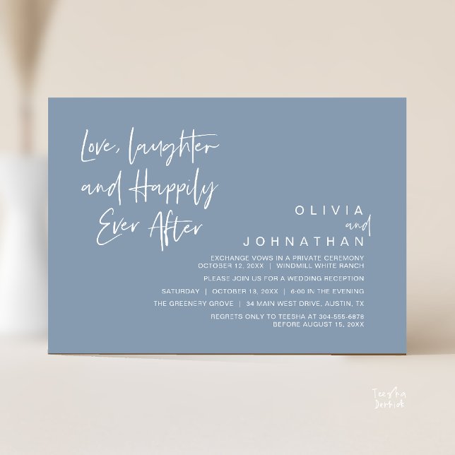 Love, Laughter and Happily Ever After, Modern Invitation (Love, Laughter and Happily Ever After, Modern Boho Wedding Invitation Card PDF Dusty Blue)