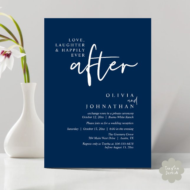 Love, Laughter And Happily Ever After Reception Invitation (Love, Laughter And Happily Ever After Reception Modern Minimalist Invitation Card PDF Navy Blue)