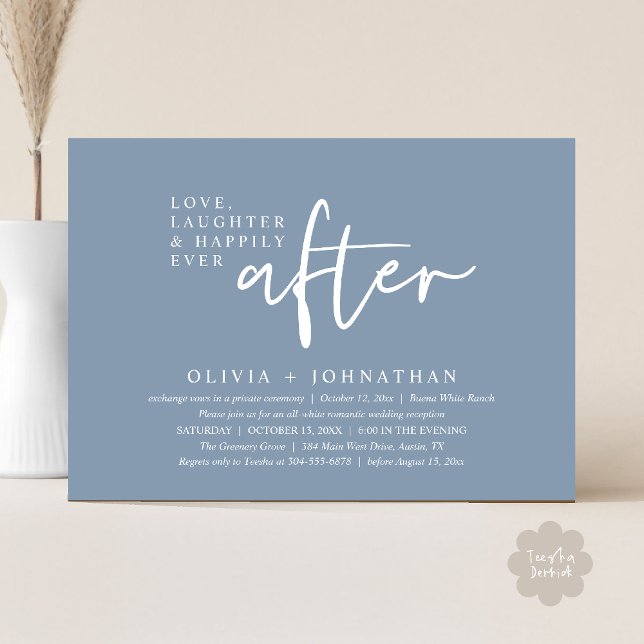 Love, Laughter And Happily Ever After Reception Invitation (Love, Laughter And Happily Ever After Reception Modern Minimalist Invitation Card PDF Dusty Blue)