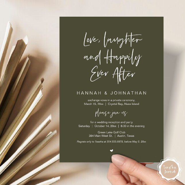 Love, Laughter, Black, Wedding Elopement Party Invitation (Love Laughter Happily Ever After Wedding Elopement Dinner Party Invitation Card, PDF, Olive Green)