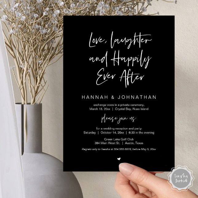 Love, Laughter, Black, Wedding Elopement Party Invitation (Love Laughter Happily Ever After Wedding Elopement Dinner Party Invitation Card, PDF, Classy Black)