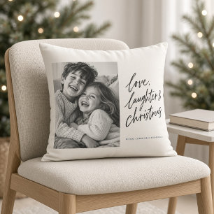 Love Laughter Christmas Black Script Photo Cushion