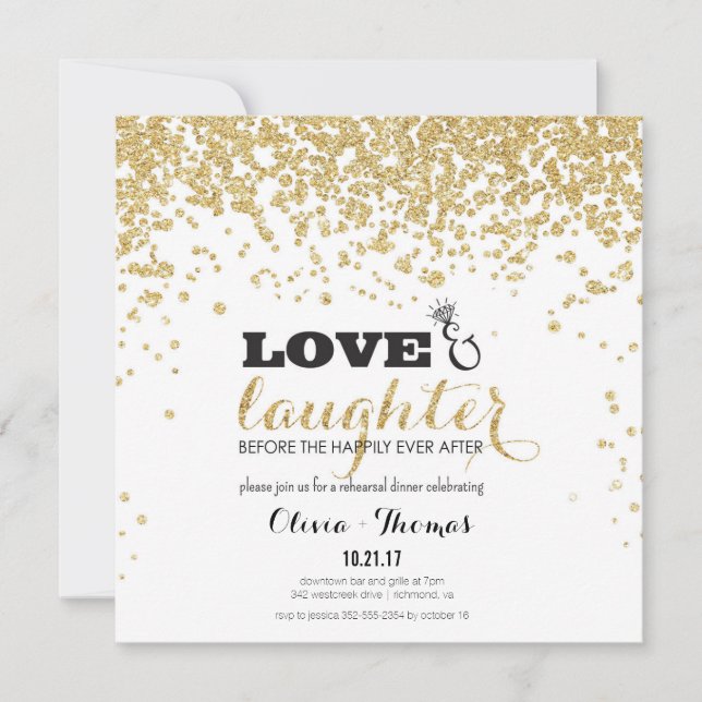 Love & Laughter Gold Glitter Rehearsal Invite (Front)