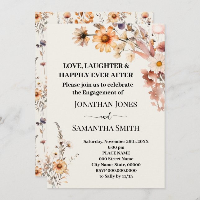Love Laughter Happily Engagement Fall Wildflowers Invitation (Front/Back)
