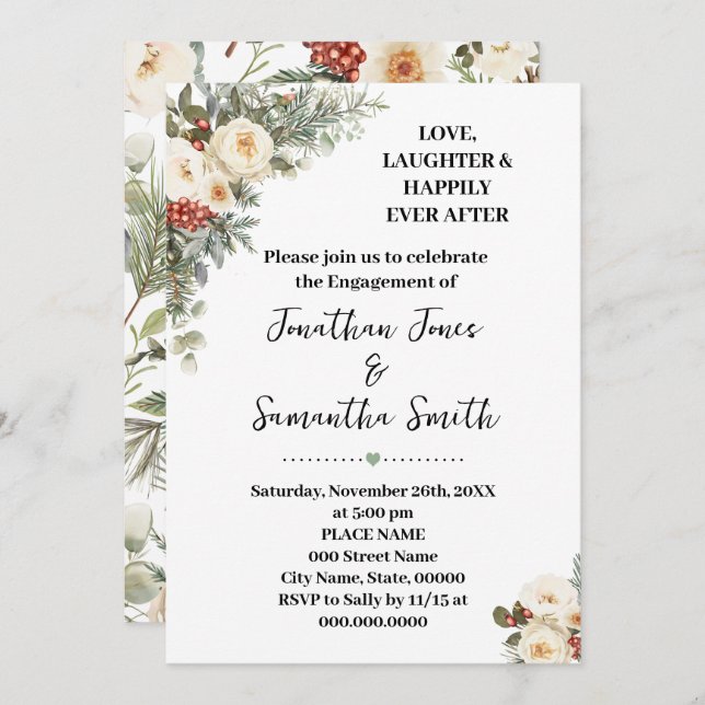 Love Laughter Happily Engagement Winter Floral Invitation (Front/Back)
