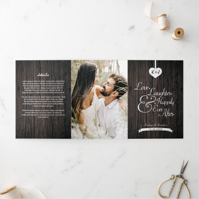 Love Laughter Happily Ever After 2-Photo Wedding Tri-Fold Invitation (Outside)