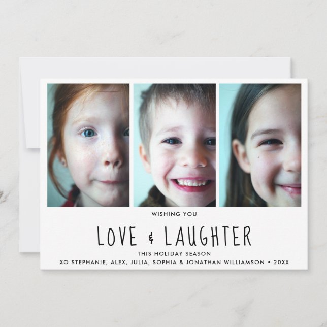 Love Laughter Happy Holidays Modern Photo Collage Holiday Card (Front)