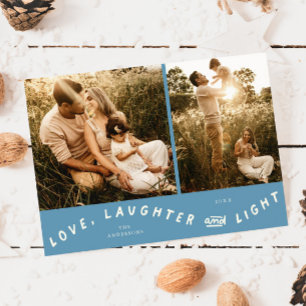 Love Laughter Light Christmas Photo Denim Blue Holiday Card