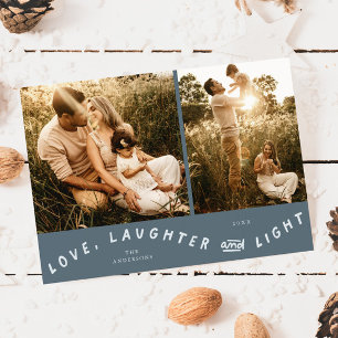 Love Laughter Light Christmas Photo Slate Blue Holiday Card