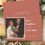 Love Laughter Merrily Ever After Wedding Photo Holiday Card<br><div class="desc">Wedding photo christmas card, personalised with your wedding photo and custom message on the back. Minimalist modern design in orange clay and white on scalloped wavy edge card. The wording reads "love laughter merrily ever after" and the photo template will display your picture in a square shape. Please browse my...</div>