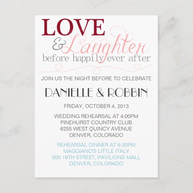 Love & Laughter Rehearsal Invitation (Front)