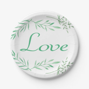 Love Laurel Leaf Green Watercolor Leaves Wedding Paper Plate