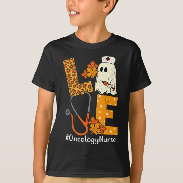 LOVE Leopard Ghost Oncology Nurse Halloween Costum T-Shirt (Front)