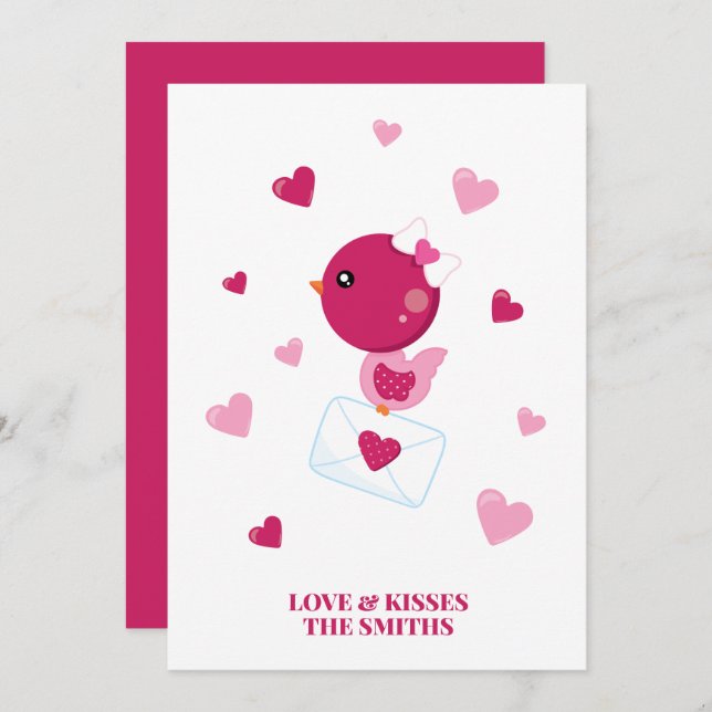 Love Letter  Bird Pink Hearts Valentine's Custom Holiday Card (Front/Back)