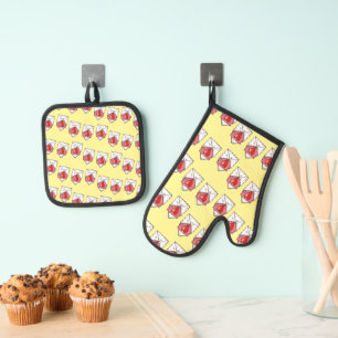Love letters pattern on yellow oven mitt & pot holder set