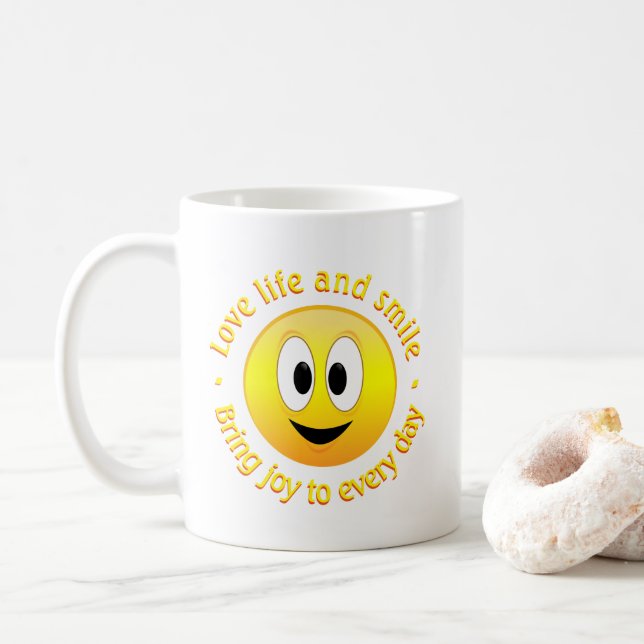 Love Life And Bring Joy Happy Face Coffee Mug (With Donut)