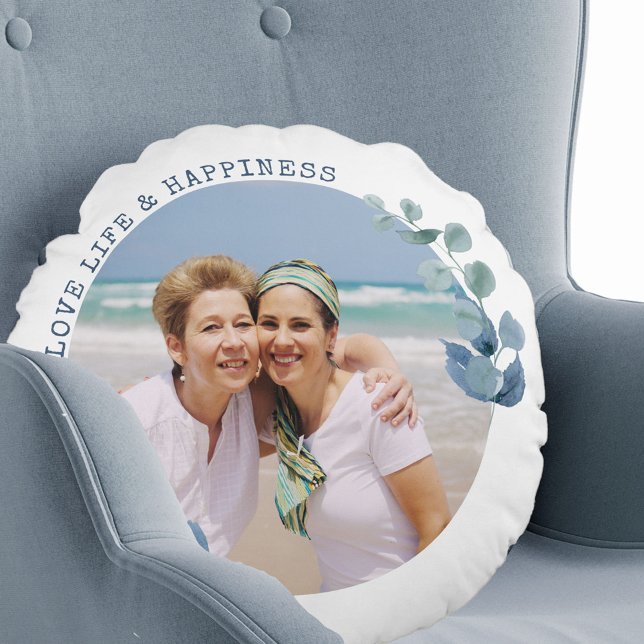Love Life and Happiness Eucalyptus Leaves Photo Round Cushion (Creator Uploaded)