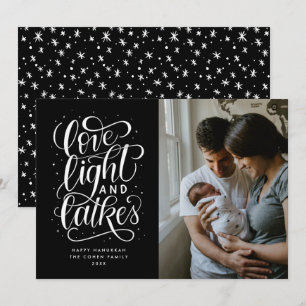 Love, Light and Latkes on Black Photo Hanukkah Holiday Card