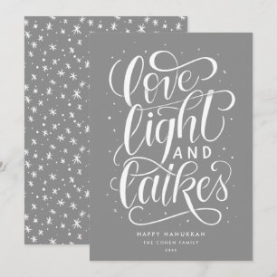 Love Light and Latkes on Grey Hanukkah Holiday Card