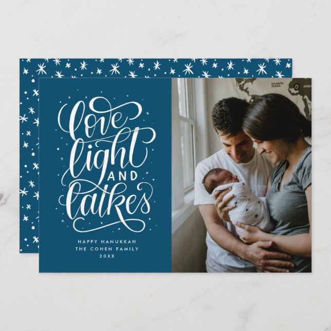 Love, Light and Latkes Photo Hanukkah Holiday Card (Front/Back)