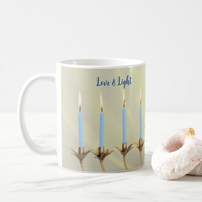 Love & Light  Blue Candles Gold Menorah Coffee Mug (With Donut)