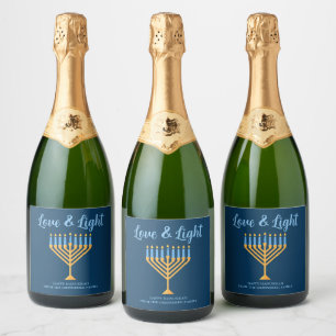 Love & Light Blue Gold Menorah Hanukkah Party Sparkling Wine Label