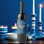 Love & Light Blue Gold Menorah Hanukkah Party Wine Label<br><div class="desc">Cute custom Love and Light Hanukkah wine bottle label for a Jewish family or a Chanukah party with a synagogue. Personalise with your own last name or group information in blue under the pretty gold menorah to give as gifts.</div>