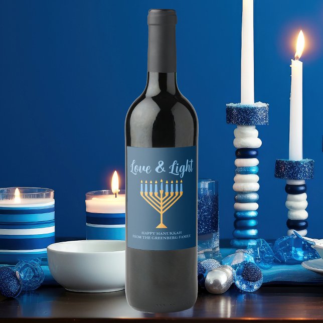 Love & Light Blue Gold Menorah Hanukkah Party Wine Label (Creator Uploaded)