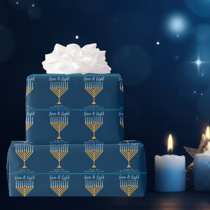 Love & Light Blue Gold Menorah Hanukkah Party Wrapping Paper