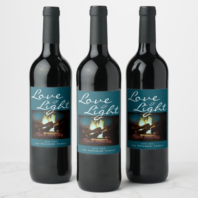 Love Light Cosy Fireplace Fire Christmas Photo Wine Label (Bottles)