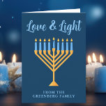 Love & Light Custom Blue Gold Hanukkah Menorah<br><div class="desc">Cute custom Love and Light Hanukkah folded card for a Jewish family or a Chanukah party with a synagogue. Personalise with your own last name or group information in blue under the pretty gold menorah.</div>