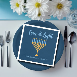 Love & Light Custom Blue Gold Hanukkah Menorah Napkin