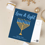 Love & Light Custom Blue Gold Hanukkah Menorah Postcard<br><div class="desc">Cute custom Love and Light Hanukkah postcard for a Jewish family or a Chanukah party with a synagogue. Personalise these pretty postcards with your own last name or group information in blue under the pretty gold menorah.</div>