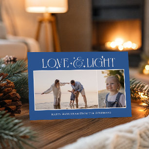 Love & Light Hanukkah 2 Family Photos Cobalt Blue Holiday Card