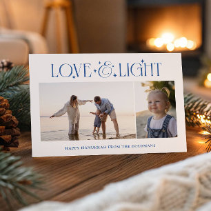Love & Light Hanukkah 2 Family Photos White Blue Holiday Card