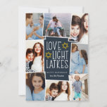 Love, Light & Latkes | Hanukkah Photo Collage Holiday Card<br><div class="desc">Fun and festive Hanukkah photo card features eight photos arranged in a collage layout. "Love,  light,  latkes" appears in the centre in white lettering on a dark blue background accented with stars. Personalise with your names and the year.</div>