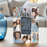 Love, Light & Latkes | Hanukkah Photo Collage Holiday Card<br><div class="desc">Fun and festive Hanukkah photo card features eight photos arranged in a collage layout. "Love,  light,  latkes" appears in the centre in white lettering on a dark blue background accented with stars. Personalise with your names and the year.</div>