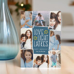 Love, Light & Latkes | Hanukkah Photo Collage Holiday Card<br><div class="desc">Fun and festive Hanukkah photo card features eight photos arranged in a collage layout. "Love,  light,  latkes" appears in the centre in white lettering on a dark blue background accented with stars. Personalise with your names and the year.</div>