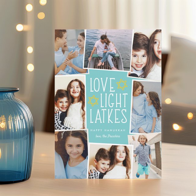Love, Light & Latkes | Hanukkah Photo Collage Holiday Card (Creator Uploaded)