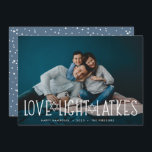 Love, Light & Latkes | Hanukkah Photo Holiday Card<br><div class="desc">Cute and lighthearted Hanukkah photo card features your favourite horizontal or landscape orientated photo with "love,  light,  latkes" overlaid in white lettering accented with stars of David. Personalise with your Hanukkah greeting,  names and the year beneath. Cards reverse to a pattern of snow and stars.</div>