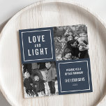 Love & Light Modern Hanukkah Photo Holiday Card<br><div class="desc">Show off your square photos in this simple, modern Hanukkah photo card. Design features a four square layout with a blue background and "Love and Light" in modern white block lettering. Use the two customisable text fields to add a custom greeting and your family name. Photography © Storytree Studios, Stanford,...</div>